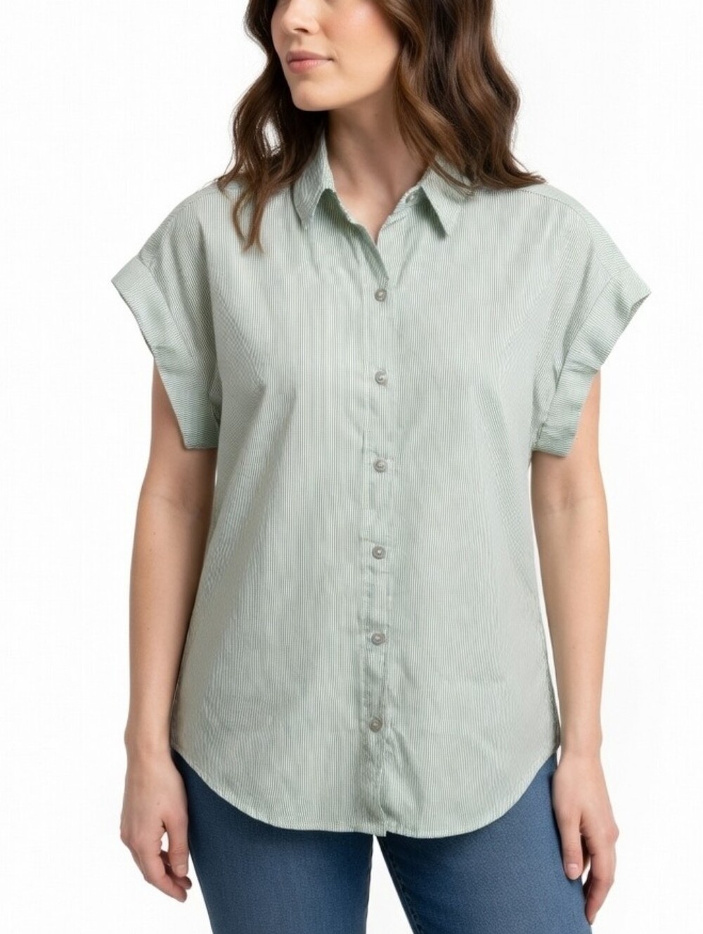 Tilley Sage And White Striped Button-Front Short Sleeve Tencel Top Size S